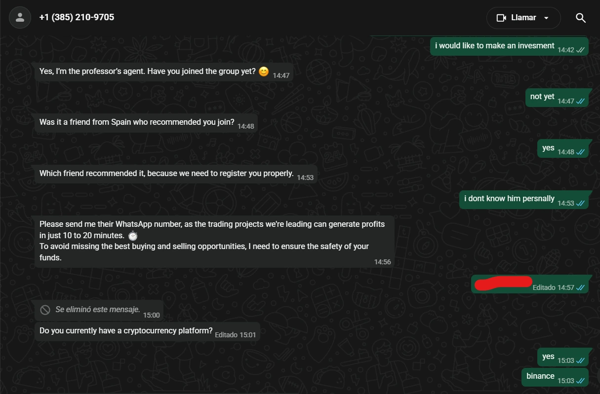 WhatsApp chat with scammer agent using stock photo